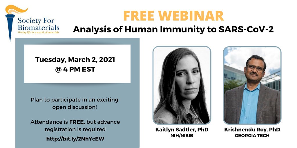 SFBiomaterials's tweet image. On Tuesday, March 2, Drs. Kaitlyn Sadtler and Krishnendu Roy will present a
webinar entitled &quot;Analysis of Human Immunity to SARS-CoV-2&quot; at 4 PM EST. Register Here - bit.ly/2NhYcEW @KSadtler @KrishRoyLab #biomaterials #immuneengineering #covid19