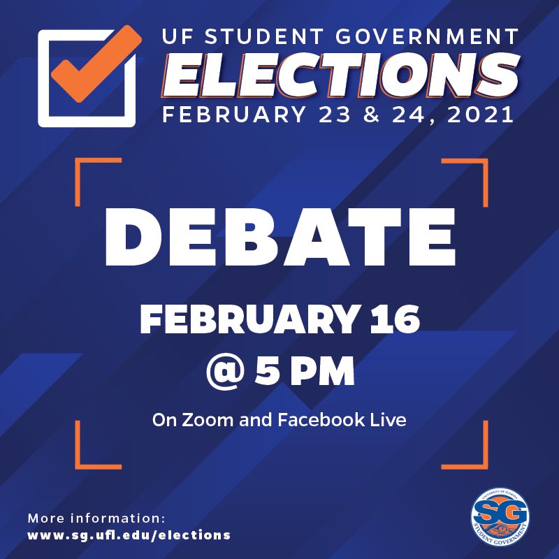 ufstudentgov's tweet photo. Join us for the Student Government Executive Debate on zoom at 5pm tomorrow. Link below and in bio!

https://t.co/ftYq6tqlo1 https://t.co/9pfIzWDC2A