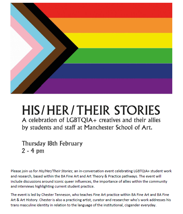 SeoFah's tweet photo. HIS/HER/THEIR STORIES | Thurs 18 Feb | 2-4PM | A celebration of LGBTQIA+ créatives and their allies by students and staff at Manchester School of Art | The event will be hosted on teams via this link: https://t.co/ryJEPuRq6n https://t.co/qqShiWYu5Z