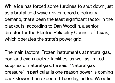 (5) Bloomberg posts a clarification from the SAME GUY with the money quote from article (1) that while wind turbines are failing they're *not* the main factor for the blackouts: that's actually frozen instruments at gas, coal, and *nuclear* facilities.