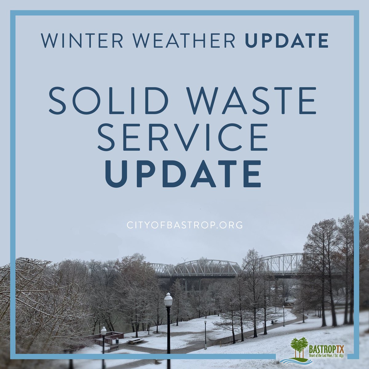 TRASH SERVICE WILL RESUME THUR FEB 18.  >> 
Monday service day - planned service Thurs
Tues service day - planned service Thurs &amp; Fri
Wed service day - planned service  Fri &amp; Sat
Thurs service day - planned service Sat
Note: There will be NO bulk services until next week.