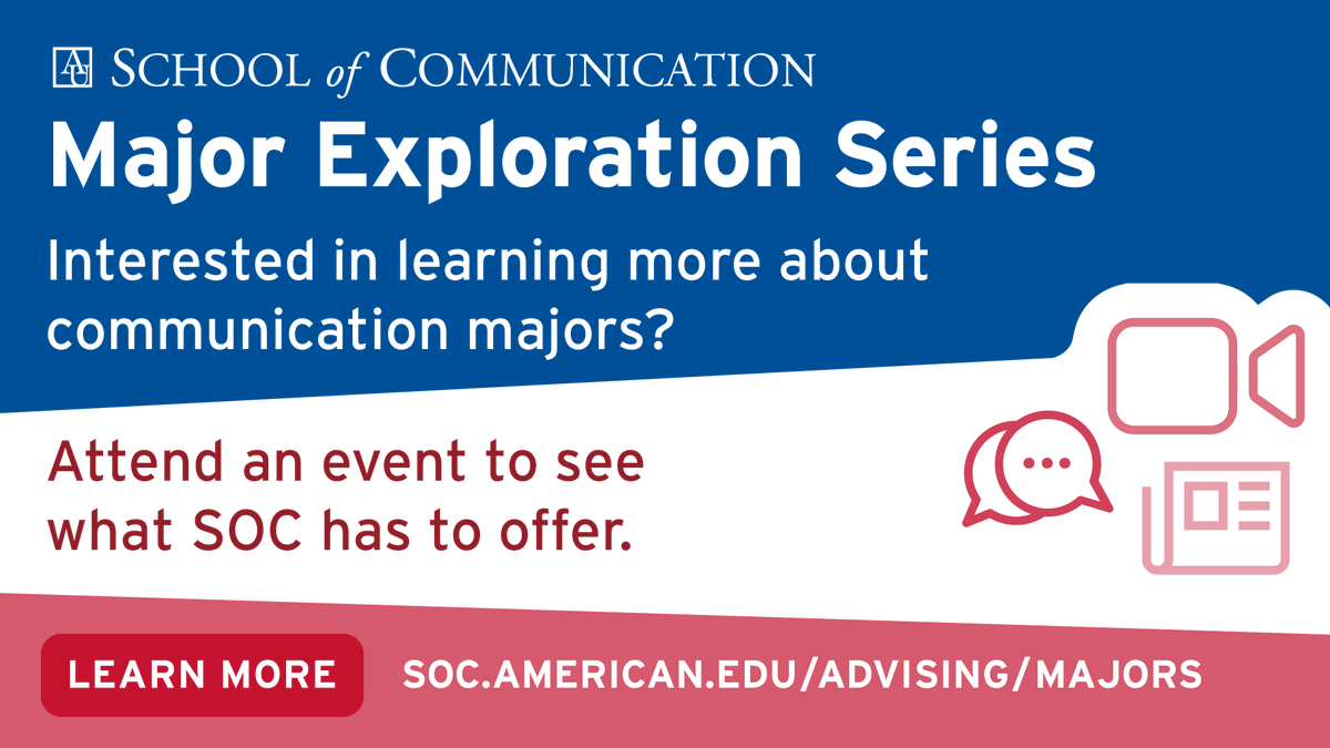 AU_SOC's tweet photo. Want to know more about SOC undergraduate majors? Join us for #AUSOC’s Major Exploration Series designed not only to help you explore our majors, but to connect you with content experts. PHOTOGRAPHY is up next, Feb. 18! RSVP here: https://t.co/cKaLPTomQz https://t.co/RKsKyA3hP0