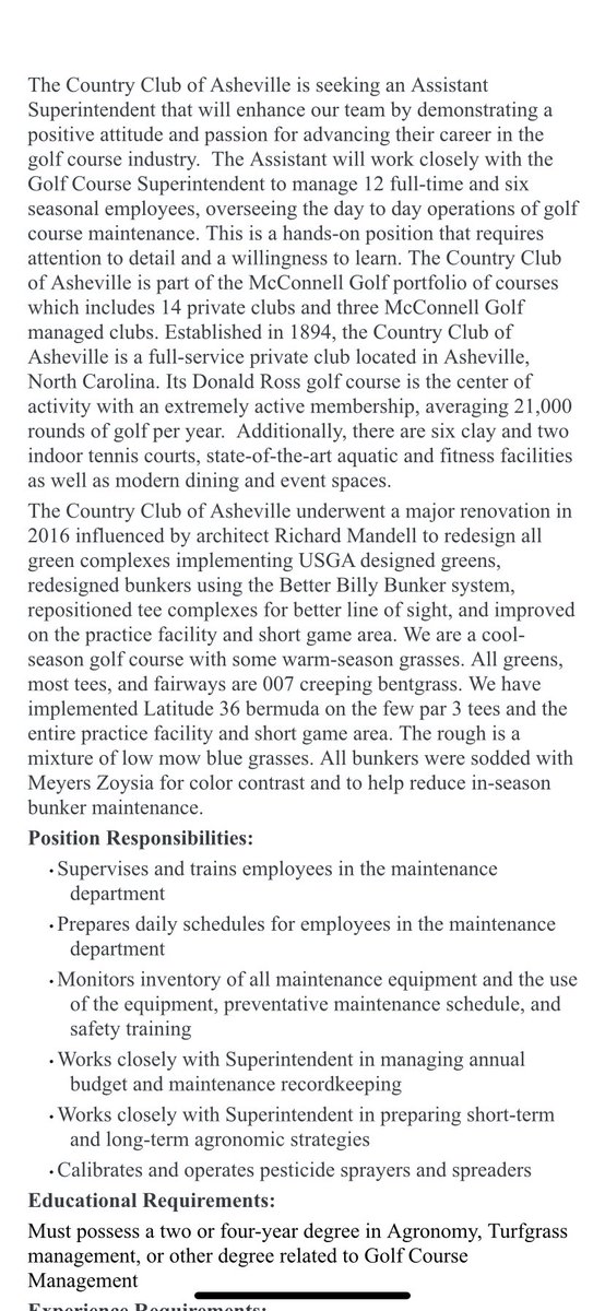 Carolinas_ASST's tweet photo. 🚨New Job Alert ‼️‼️

The Country Club of Asheville is looking for an assistant superintendent! 

Interested? Reach out to GCS Brandon Ingle for more details: 
bingle@ccofasheville.com 

Check it out! https://t.co/dUFHf2MFBq