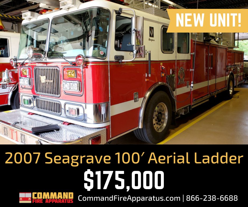 CommandFireApp's tweet photo. Check out our new 2007 Seagrave 100’ Aerial Ladder! Available for $175,000. 

This unit is powered by a Detroit Series 60 engine with an Allison 4000EVS automatic transmission and features a 100’ 4 section aerial ladder and much more! 

Learn more: https://t.co/bSM6yY8FOU https://t.co/h3gY5cjSqm