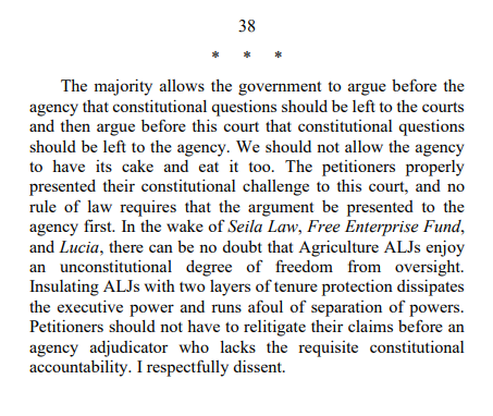 In dissent, Judge Rao argues that issue exhaustion shouldn't apply to bar judicial review of a structural constitutional question like this one, and she concludes that double-layer removal protections for ALJs are unconstitutional.