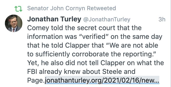 Jonathan Turley lifts John Solomon's propaganda, lies and all. Then  @JohnCornyn, a member of Senate Judiciary Committee, RTs Turley's recycled Solomon trash.