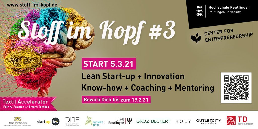 Ihr habt eine Geschäftsidee im Bereich #SmartTextiles und #FairFashion und möchtet zukunftsfähige textile #Geschäftsideen umsetzen? Dann könnt Ihr Euch bis zum 19. Februar beim Textil.#Accelerator #StoffimKopf bewerben. Infos &amp; Bewerbung:
stoff-im-kopf.de