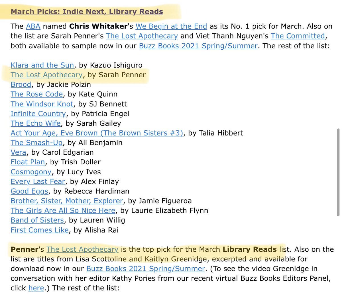 I just might print and frame this pub lunch email 🥲 HUGE congrats to the amazingly talented @sl_penner on #thelostapothecary getting both the #1 LibraryReads Pick and an IndieNext Pick!!!!! Immeasurably grateful to librarians and booksellers for their support 🔥🔥🔥 #proudeditor