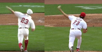 Another interesting piece, left is 2019, right is 2020. Notice anything? Reed's releasing the ball closer to the plate on the right. He added some extension as well. Releasing the ball closer to the plate makes that 94 look a little faster to the hitter (perceived velocity).
