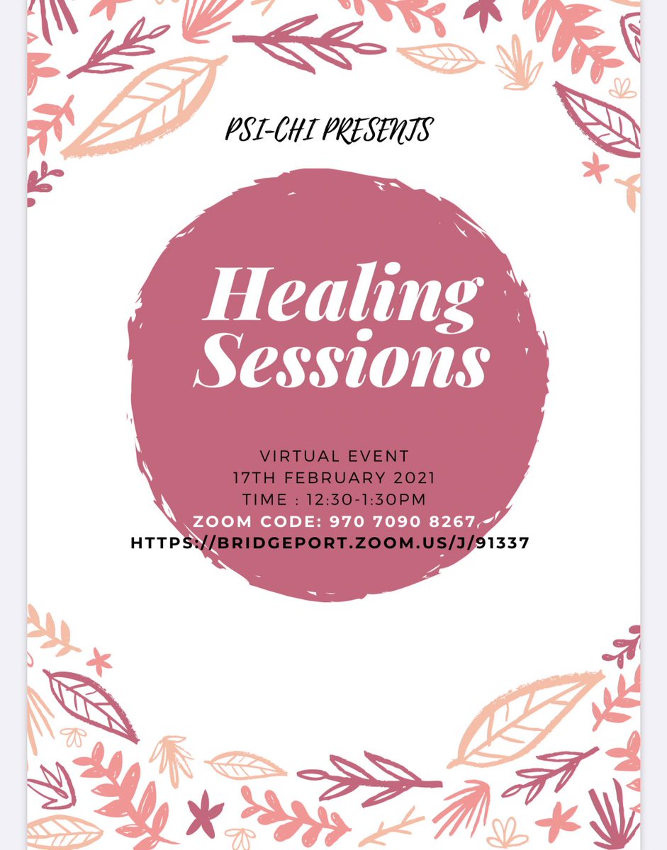 chi_ub's tweet photo. Psi Chi will be holding weekly Healing Sessions via Zoom. This is a great way to mentally re-center yourself in the middle of a busy week! Please come join us, and tell your friends! #psichi #Ub #universityofbridgeport #healingsession #honorsociety https://t.co/TlL7hCrllh
