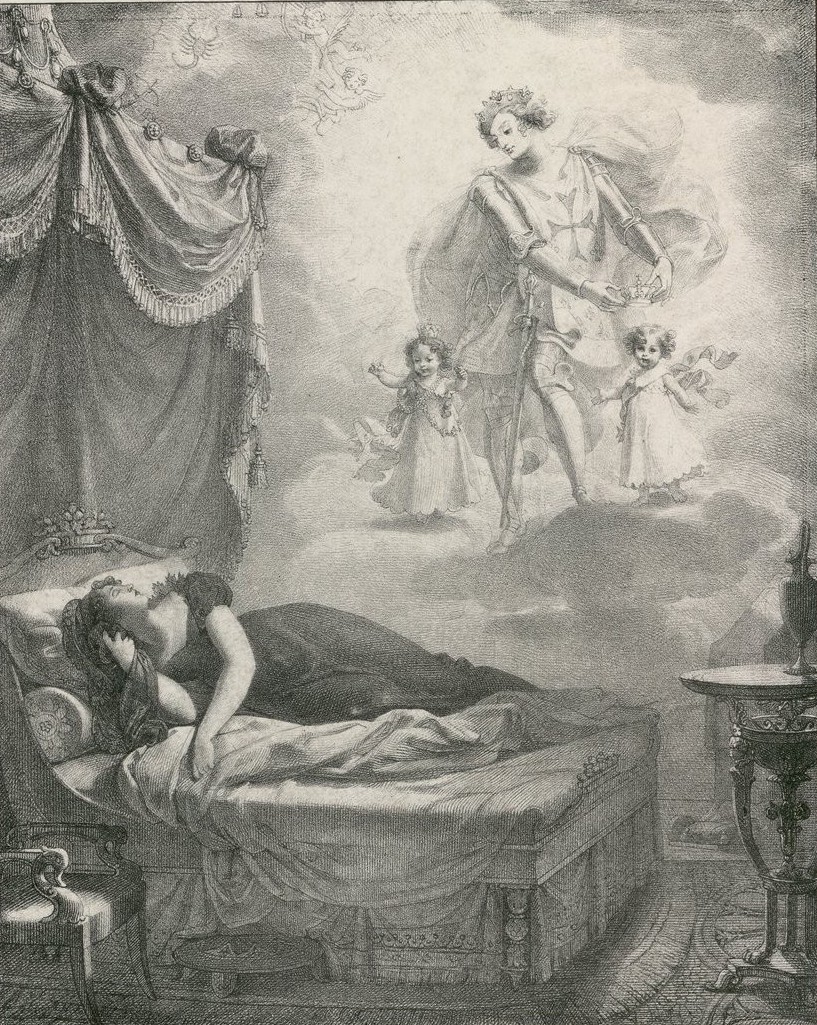 15/ Even before the baby was born, it was dubbed the “Miracle Child,” with royalists across France praying for the child’s health & that it would be a boy, with equal fervor. This art shows the Duchesse de Berry dreaming of St. Louis with her daughter and unborn (presumed) son.