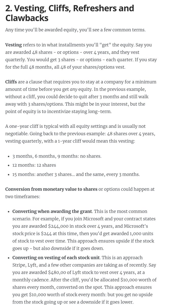 3. Stock options / ESOPs.The most common form of equity compensation at early-stage startups that are high-growth.And there are *so* many pitfalls you'll want to be aware of. You need to do your research on this: I can't do justice in a tweet. https://blog.pragmaticengineer.com/equity-for-software-engineers/#3-stock-options-and-esops