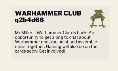 alva_pe's tweet photo. Another club to add to the programme! Get yourself into the class if you want to be involved in WARHAMMER with Mr Miller! It’s been an extremely popular club before and we are glad to see it back and available in our virtual timetable! #getinvolved #getsociable #teamalva https://t.co/LITAxjFrIx