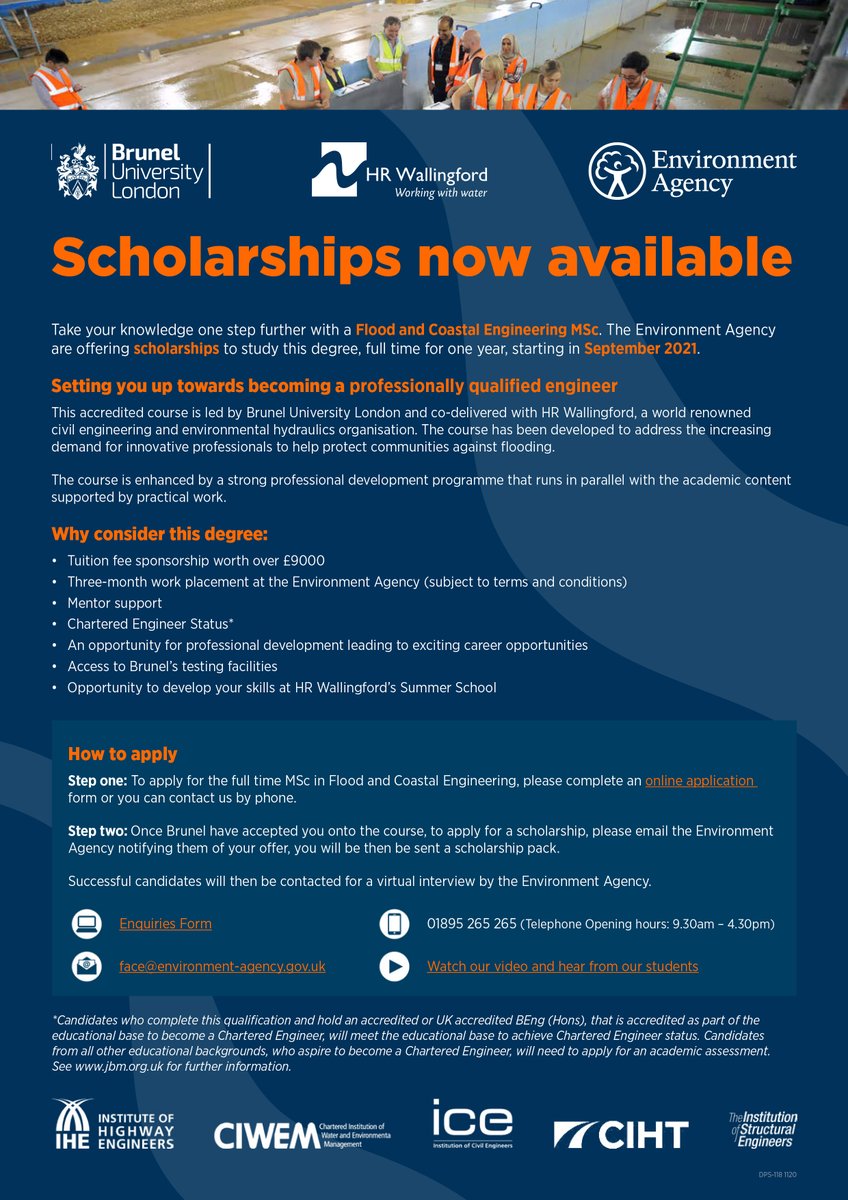 Brunel Flood Eng (@brunelflood_eng) on Twitter photo Take your knowledge further with a Flood and Coastal Engineering MSc.
Scholarships are available, full time for one year starting in September 2021 and will include a 3 month work placement at the <a href="/EnvAgency/">Environment Agency</a> (subject to terms and conditions).
Apply now: brunel.ac.uk/face Take your knowledge further with a Flood and Coastal Engineering MSc.
Scholarships are available, full time for one year starting in September 2021 and will include a 3 month work placement at the <a href="/EnvAgency/">Environment Agency</a> (subject to terms and conditions).
Apply now: brunel.ac.uk/face