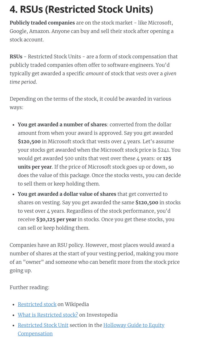 4. RSUs (Restricted Stock Units)A common form of equity compensation for publicly traded companies and Big Tech. One of the easier types of equity to understand:  https://blog.pragmaticengineer.com/equity-for-software-engineers/#4-rsus-restricted-stock-units-5. Double-trigger RSUs. Typically RSUs for pre-IPO companies. I got these at Uber.