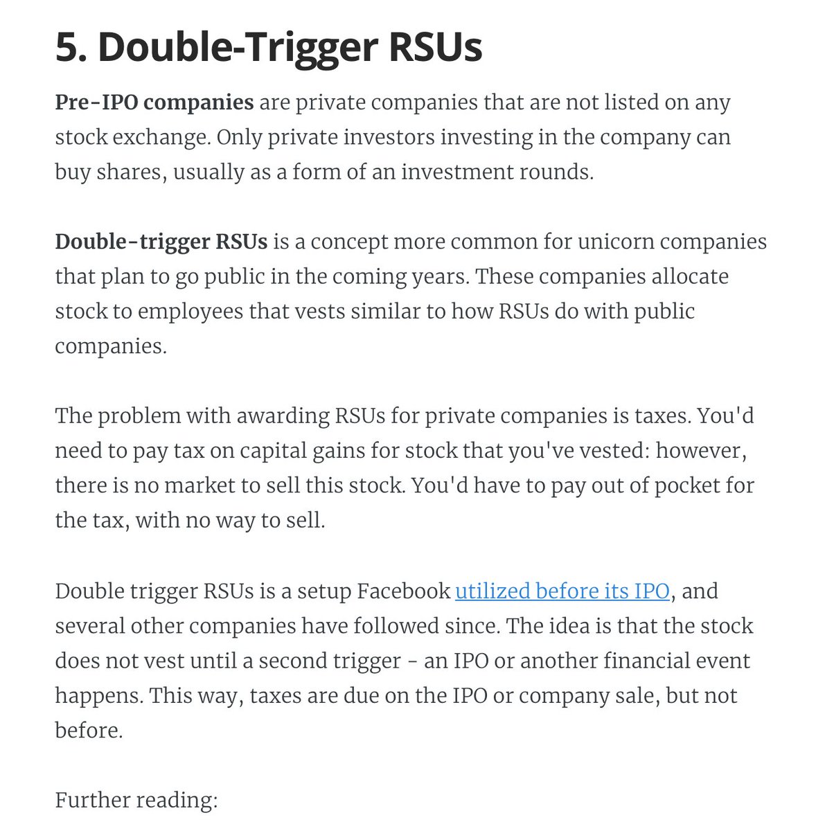 4. RSUs (Restricted Stock Units)A common form of equity compensation for publicly traded companies and Big Tech. One of the easier types of equity to understand:  https://blog.pragmaticengineer.com/equity-for-software-engineers/#4-rsus-restricted-stock-units-5. Double-trigger RSUs. Typically RSUs for pre-IPO companies. I got these at Uber.