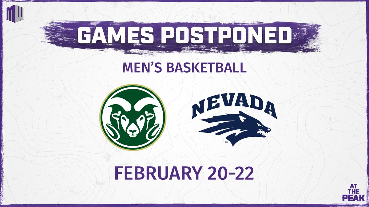 MountainWest's tweet photo. Due to health and safety concerns, the men’s basketball series between Colorado State and Nevada, scheduled for Feb. 20-22, has been postponed.
 
Further updates and schedule adjustments by the Mountain West will be announced at a later date. https://t.co/jtuHEW5HSu