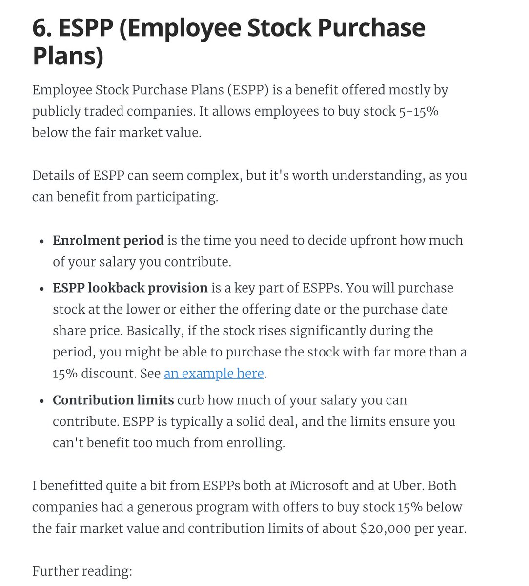 6. ESPP: a (typically) amazing employee perk at publicly traded companies. There's always risk, but this plan can typically offer good upsides.7. Phantom shares. An interesting setup similar to RSUs... but you don't own stocks. Not frequent, but e.g. Adyen goes with this plan.