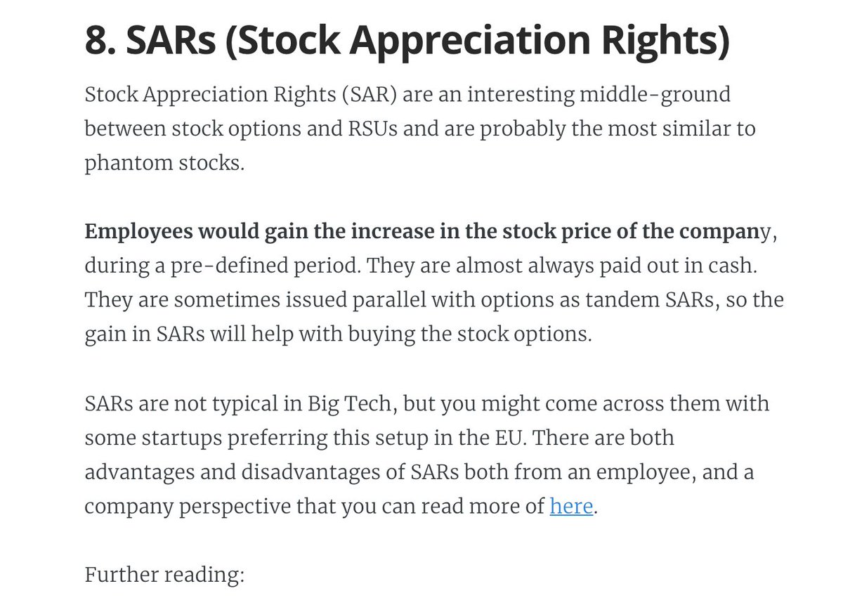 7. SARs - similar to phantom stocks. A few EU tech startups I know of use them.8. Growth shares. A more exotic equity type. Skyscanner awarded these kinds of shares.More:  https://blog.pragmaticengineer.com/equity-for-software-engineers/#8-sars-stock-appreciation-rights-