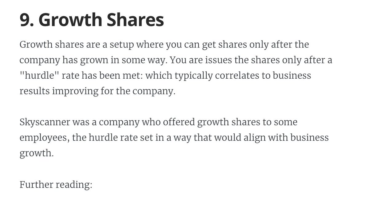 7. SARs - similar to phantom stocks. A few EU tech startups I know of use them.8. Growth shares. A more exotic equity type. Skyscanner awarded these kinds of shares.More:  https://blog.pragmaticengineer.com/equity-for-software-engineers/#8-sars-stock-appreciation-rights-