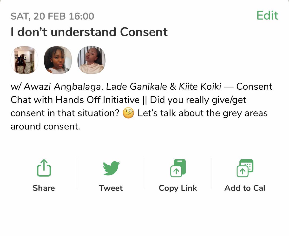 HandsOffNG's tweet photo. Join us in our next @joinClubhouse conversation as we have a discussion about the grey areas surrounding consent with @THEAWAZI, @ladekale, and @_kitss

Join us on Saturday at 4 PM (WAT) here. Looking forward to discussing with you! https://t.co/aG7x79vOQo