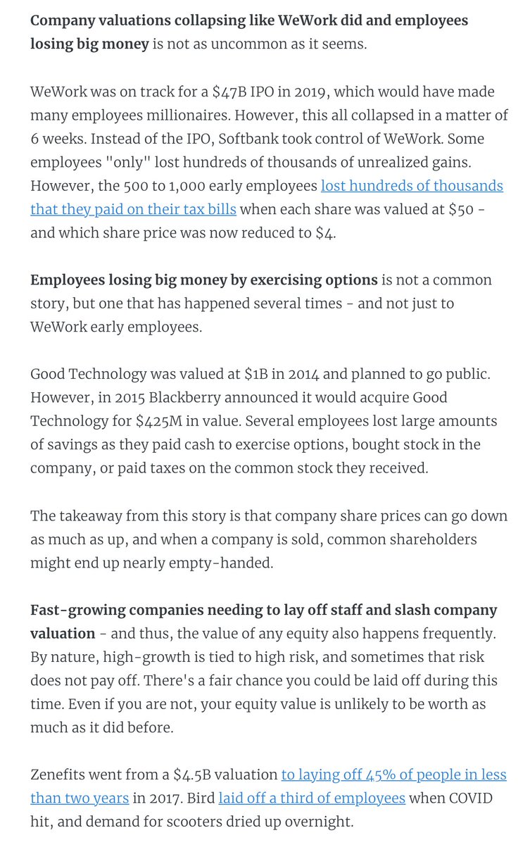 12. Equity carries plenty of risk and you *can* lose money - not just gain.WeWork. Zenefits. Good Technologies. FanDuel. All cautionary examples.Until you've cashed in your equity, it can evaporate. Keep this in mind.Full article:  https://blog.pragmaticengineer.com/equity-for-software-engineers/#8-sars-stock-appreciation-rights-And finally: