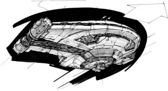 The Outrider, art by Doug Chiang."I took what I thought was unique about the Millenium Falcon, which is this kind of an asymmetrical cockpit that is basically a sphere with two prongs on it, and played around with different variations on that theme."