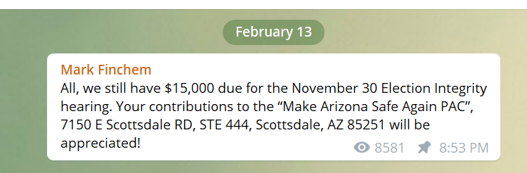 Thread time: Finchem is raising money for "Make Arizona Safe Again PAC," claiming they have $15k in debt for the 11/30 unofficial hearing that Finchem organized with Giuliani and other election fraud "experts" But MASA PAC only reported $650 in operating expenditures  #AZLeg