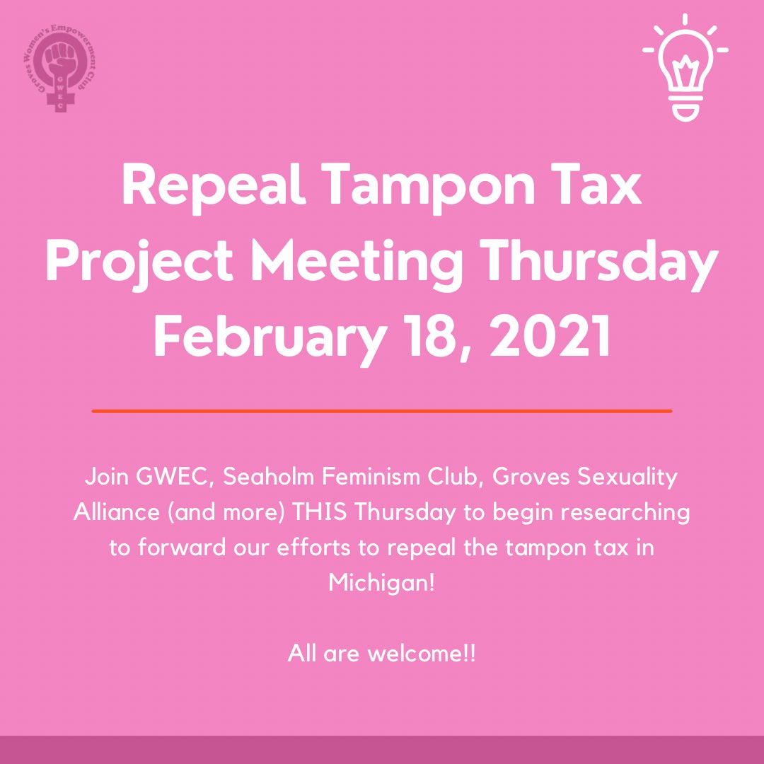 Join us at our second Repeal the Period Product Tax (RPPT) project meeting this Thursday (2/18/21)! We will be talking about general plans and research ✏️. Hope to see you all there, and bring a friend!

💬 DM us for the Zoom link!
