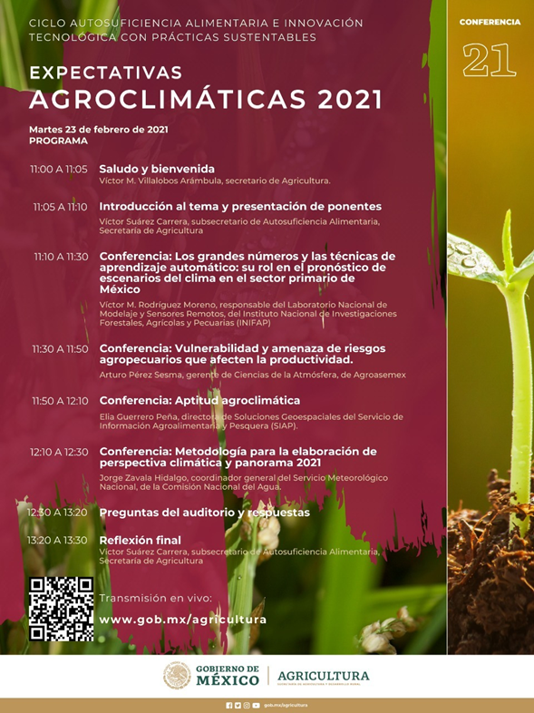 victor_suarez's tweet photo. 23 de febrero, 11:00 (hora centro) 21 Conferencia  Ciclo #AutosuficienciaAlimentaria Ayúdanos a difundir; expertos de @inifap @Agroasemex @SIAP_Mx @conagua_clima  guiarán para toma de decisión y programación de actividades en campo. Transmisión en vivo. https://t.co/aXZeXSMoIj https://t.co/qE52LMmmnn