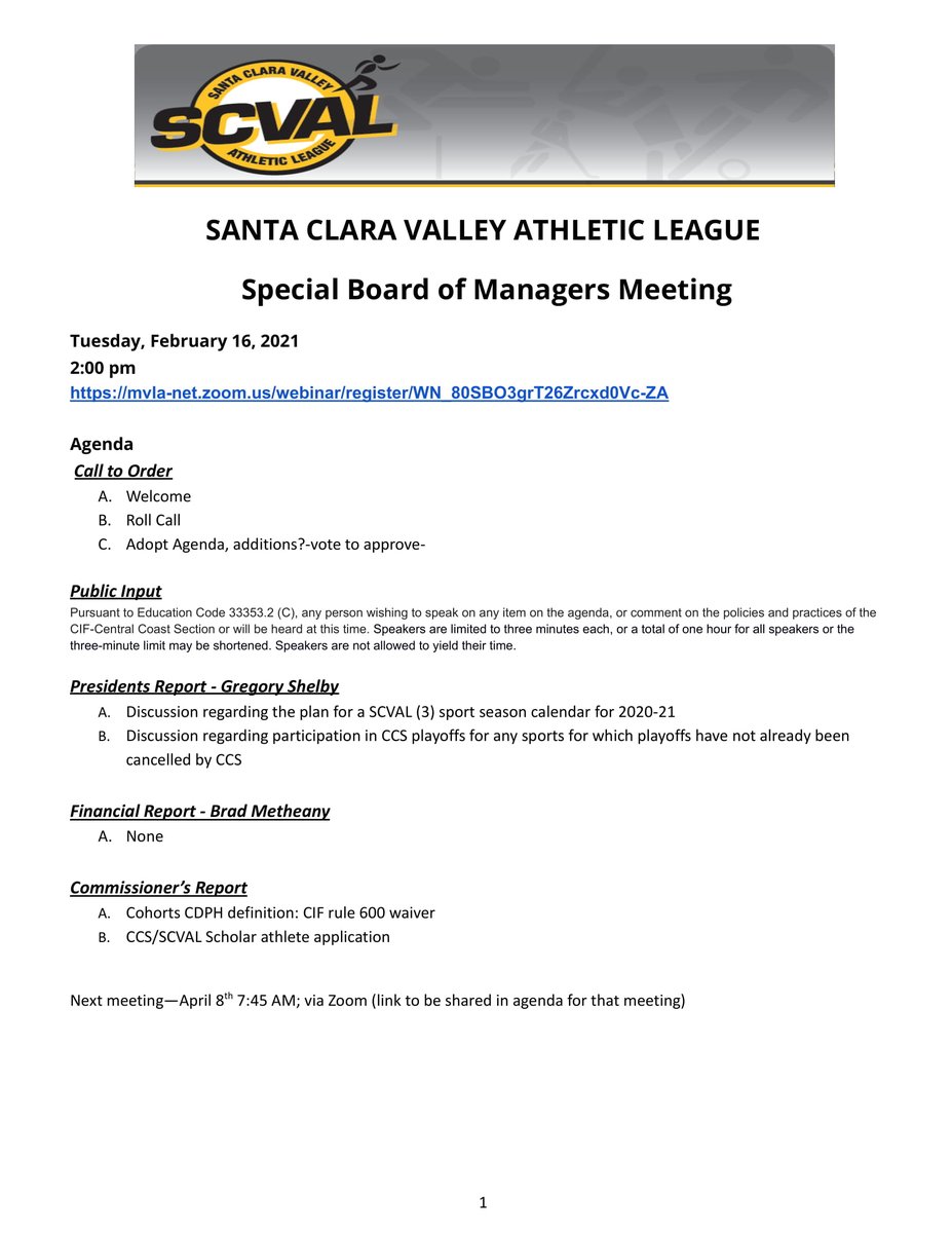 EvanWebeck's tweet photo. FYI: #SCVAL Board of Managers meets today at 2 to discuss previously approved three-season spring sports schedule.
Agenda π
Background: https://t.co/NExtMtD6TQ https://t.co/5qvIaepkx7