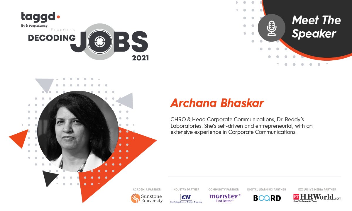 _taggd's tweet image. Passionate to create impact, Archana Bhaskar is instrumental in implementing disruptive corporate communication initiatives at @drreddys.

Catch her LIVE in the upcoming #DecodingJobs2021 Annual Summit, on February 18. Register now: bit.ly/3pr8zn2