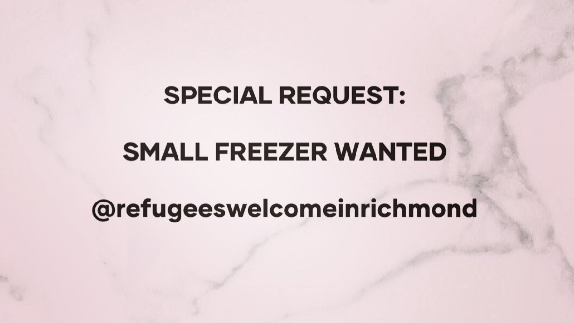Share&CareCollective (@share_and_carec) on Twitter photo Are you updating your kitchen and happen to have a small freezer (that fits under kitchen work surface) that you could donate to a refugee family in #Richmond?
Please RT to spread the word, and follow and DM us or <a href="/RWinRichmond/">Refugees Welcome in Richmond</a> if you can help.♥️
#helpingothers #giving Are you updating your kitchen and happen to have a small freezer (that fits under kitchen work surface) that you could donate to a refugee family in #Richmond?
Please RT to spread the word, and follow and DM us or <a href="/RWinRichmond/">Refugees Welcome in Richmond</a> if you can help.♥️
#helpingothers #giving