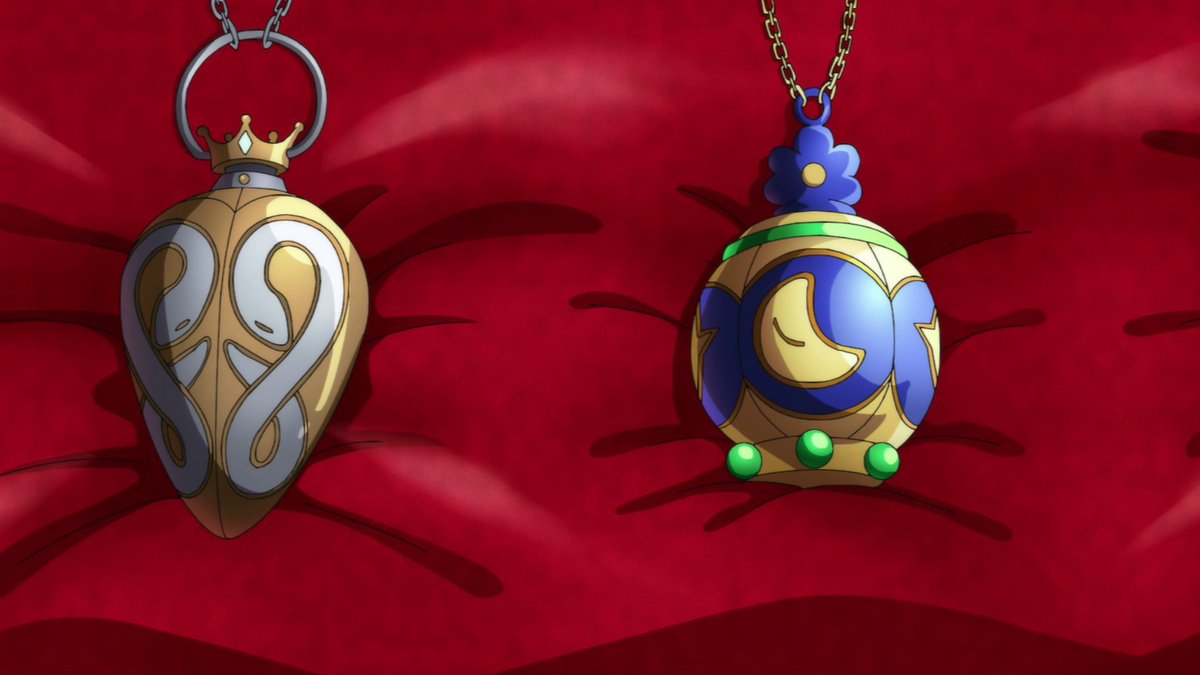 Neiru's pendant has snakes which are symbolic of ideas like sin and healing. There's also the crown on top, fitting for a company president. Ai's pendant reminded me of ideas pertaining to astrology with the stars and the moon which could parallel Ai's concerns about the future.