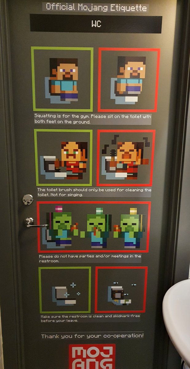 I went to the office today and found out we got an updated Official Mojang Ettiquette on our bathroom doors! It brought me joy, so I thought I could share it with all of you 😊

Amazing art by @wChiwi ❤️