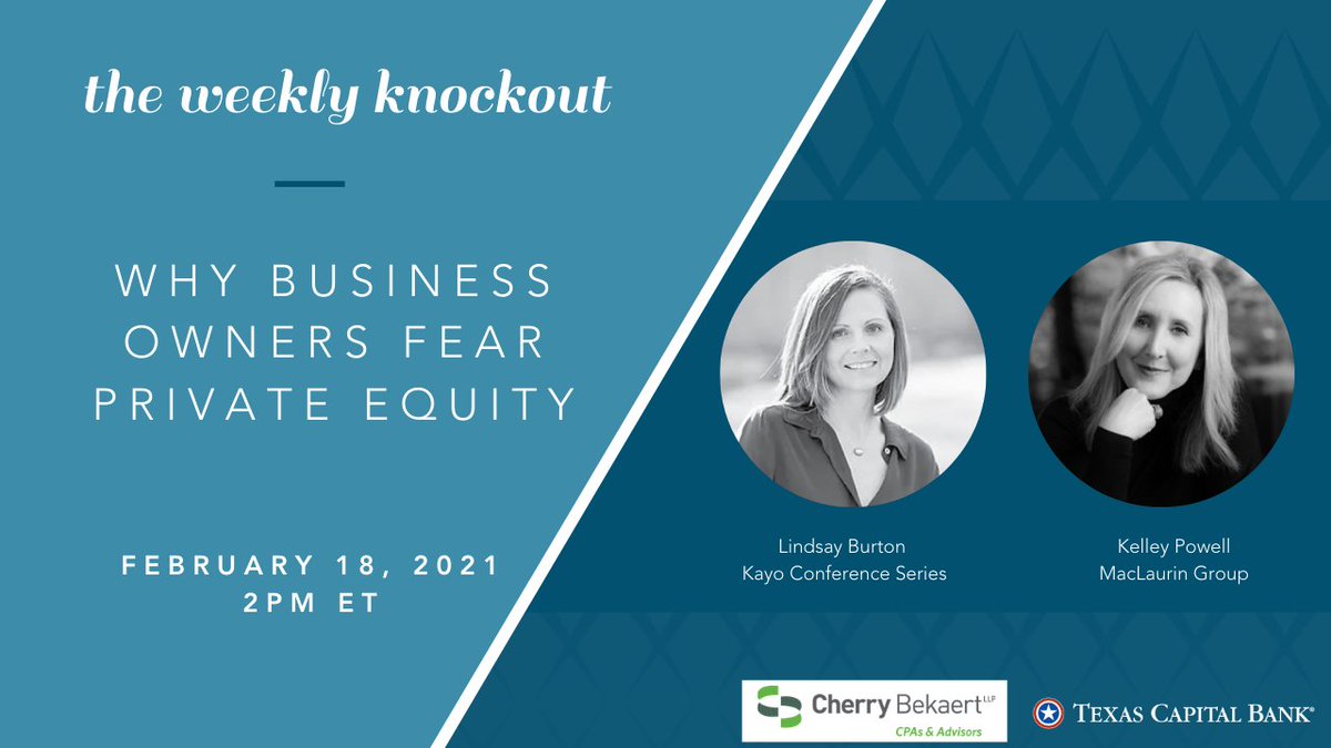 Kelley Powell (@ke11eyp) on Twitter photo This Thursday, I sit down w/ <a href="/Kayo_Conference/">KayoConferenceSeries</a> Founder, Lindsay Burton, to discuss fears business owners hold as they navigate private equity capital. Let's get past those myths.
RSVP & tune in: kayoconferenceseries.com/why-business-oโฆ
#MacLaurinGroup #PrivateEquity #Technology #Investing #KAYO This Thursday, I sit down w/ <a href="/Kayo_Conference/">KayoConferenceSeries</a> Founder, Lindsay Burton, to discuss fears business owners hold as they navigate private equity capital. Let's get past those myths.
RSVP & tune in: kayoconferenceseries.com/why-business-oโฆ
#MacLaurinGroup #PrivateEquity #Technology #Investing #KAYO