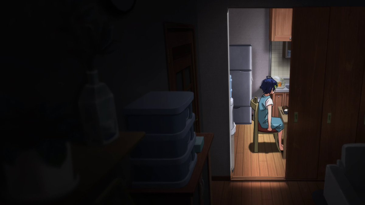 When this huge announcement is dropped on Ai, there's an extreme close-up shot of the meat SMASHING the egg yolk, with the yolk permeating throughout the dish. This reveal emotionally shocked Ai, and in the third shot, we see an instance of suffocation imagery with the doorway.