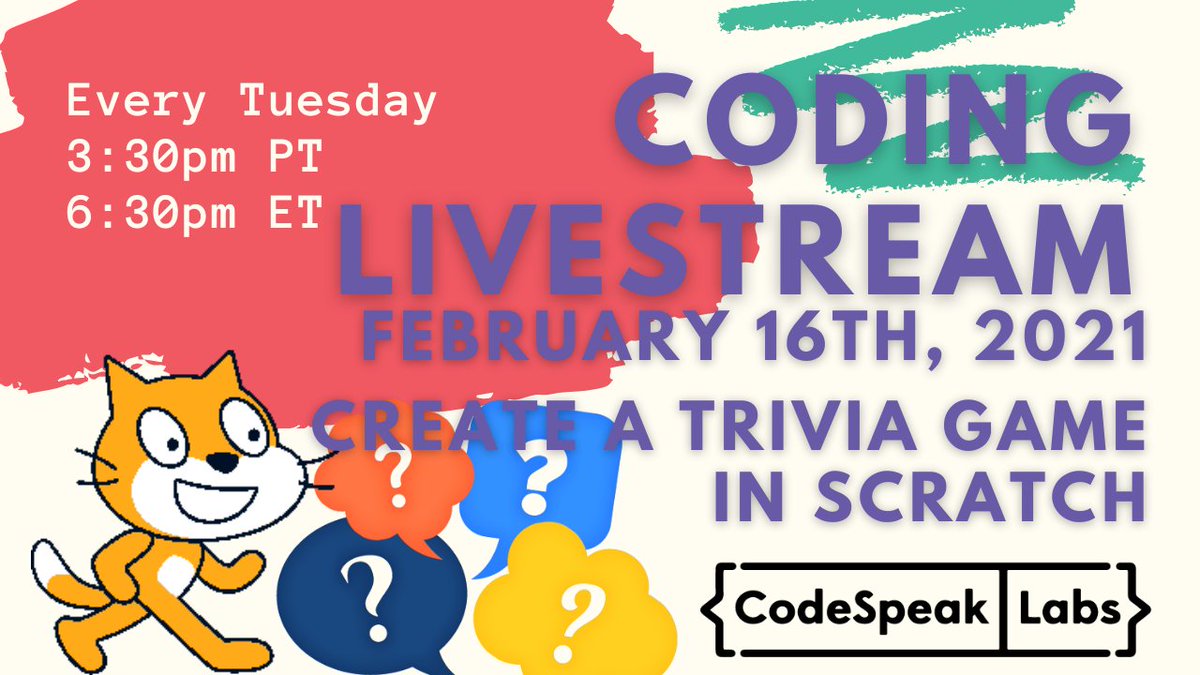 codespeaklabs's tweet image. Test your friends&apos; knowledge with a Trivia Game! In today&apos;s livestream Mr. Jangis will show you how to create a Trivia Game in Scratch. You can make your trivia about any subject you like. Join today at youtube.com/codespeaklabs
