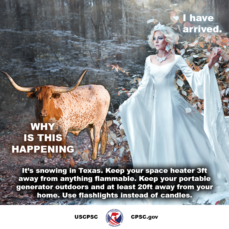 A Texas longhorn standing in a forest. A snow queen enters bringing winter with her. The longhorn says, "Why is this happening?" The text reads: It's snowing in Texas. Keep your space heater 3ft away from anything flammable. Keep your portable generator outdoors and at least 20ft from your home. Use flashlights instead of candles.