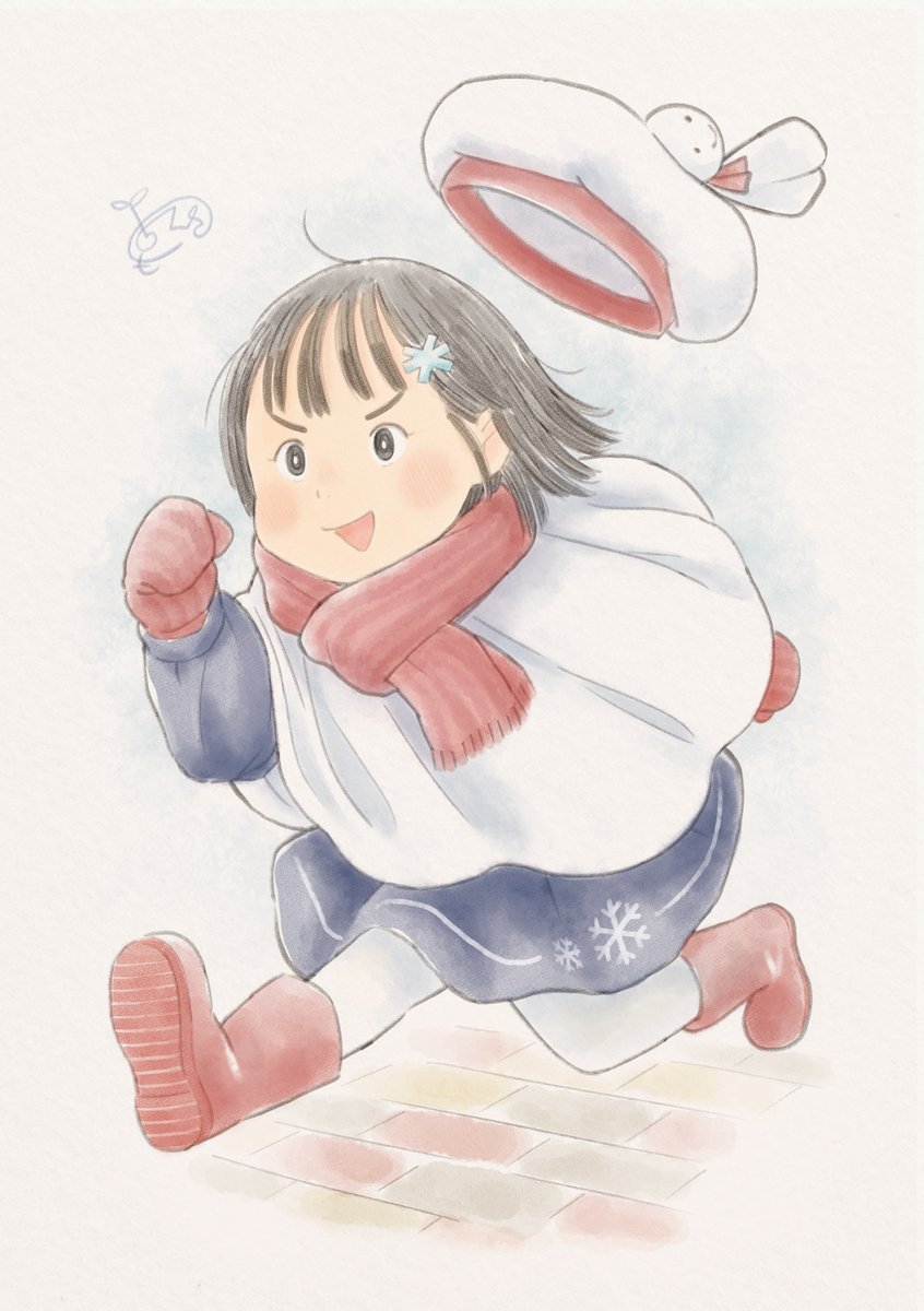 1girl solo scarf hat boots red scarf running  illustration images