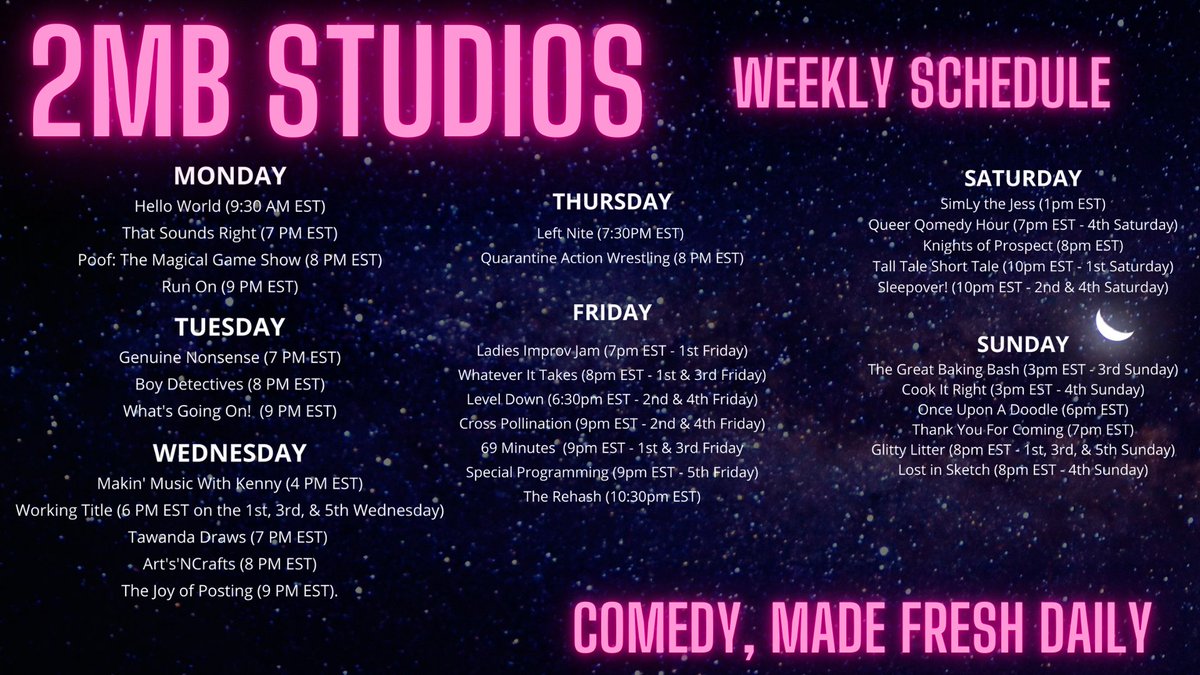 2MBStudios's tweet photo. You: Your schedule is so complicated
Us: Our schedule is so easy to remember, how dare you?
Our schedule: https://t.co/gsMJvZplUG