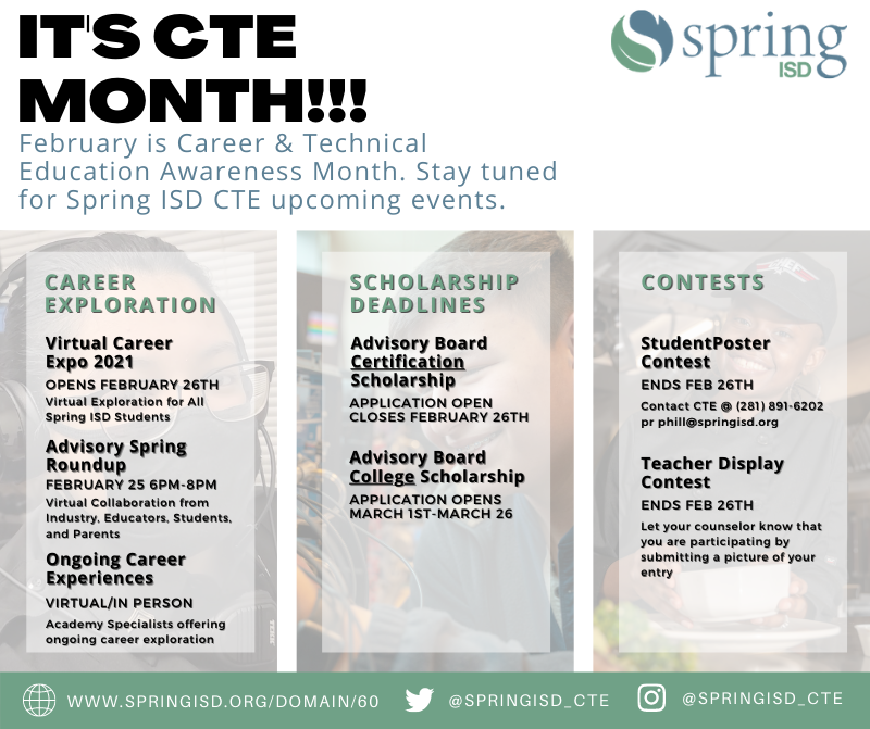 SpringISD's tweet photo. ATTENTION: Spring ISD's Career and Technical Education (CTE) @SpringISD_CTE department has postponed their Virtual Career Expo 2021 to Friday, Feb. 26. #staysafespring https://t.co/pkHzoynBvf