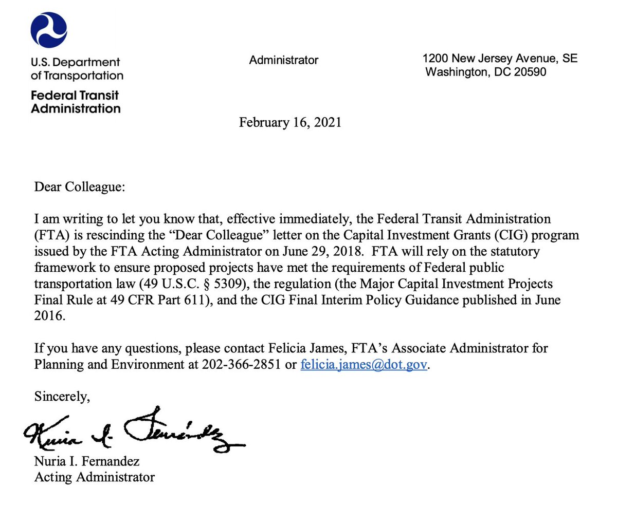 Good news! Today the  @FTA_DOT rescinded a Trump policy that made it difficult for local gov'ts to receive transit construction grants. The old guidance added strenuous requirements to the Capital Investment Grants program, severely restricting FTA's release of these funds.