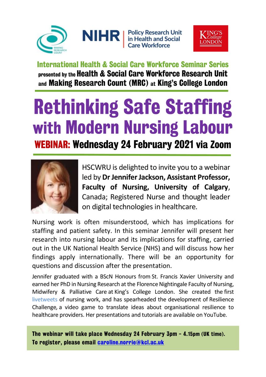 'Rethinking Safe Staffing with Modern Nursing Labour'
with Dr Jennifer Jackson
All welcome - Wed 24 Feb, 3-4.15
kcl.ac.uk/scwru/events/i…