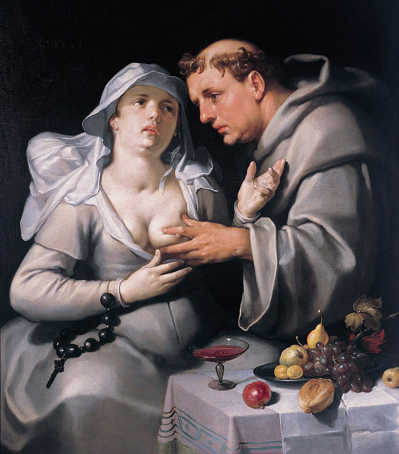 1/ Here's a painting by the Dutch mannerist Cornelis van Haarlem. It's called The Monk and the Nun and dates from 1591. When you first see it, you think: sexist and puerile. Regular readers will know that I like mannerism. I like its difference. But what's fascinating here...