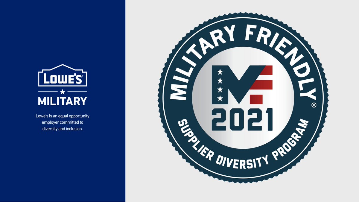 For the fourth consecutive year, <a href="/Lowes/">Lowe's</a> is proud to be recognized as a 2021 Military Friendly Supplier Diversity Program. See full list here: bit.ly/37hGZCR
#Military #LowesVeterans #MilitaryFriendly #Lowes