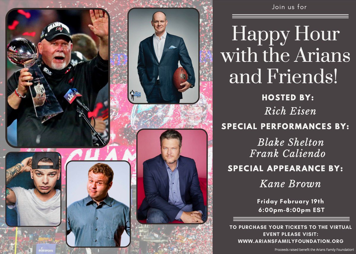 This Friday don’t miss out on your chance to spend happy hour with Super Bowl Champ Head Coach @brucearians and his friends <a href="/richeisen/">Rich Eisen</a> <a href="/blakeshelton/">Blake Shelton</a> @frankcaliendo and @kanebrown_music! 
Visit Ariansfamilyfoundation.org to purchase your tickets today!