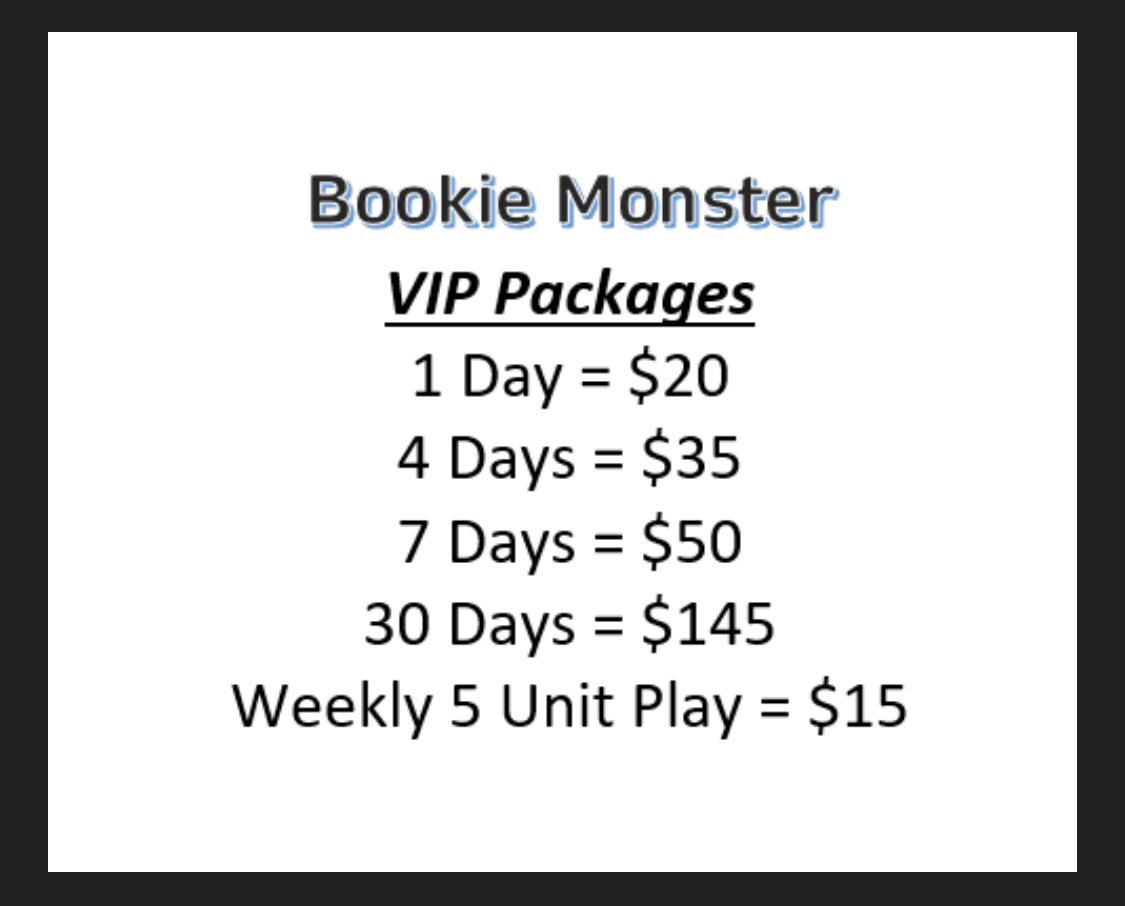 Bookie_Monster8's tweet image. Updated list of packages available below.

🍪 Stats 🍪

All time: +171.47 units (57.5 win %)
30 days: +22.35 units (52.4 win %)
7 days: +5.84 units (56.8 win %)

Link in bio for full breakdown of results,pick history, by sport. Full transparency.

💰 DM us if interested 💰