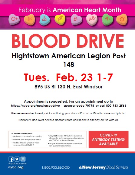 HightstownP's tweet photo. If anyone is interested in donating blood, a blood drive will be hosted at the Hightstown American Legion Post 148, on Tuesday, February 23rd from 1 p..m. to 7 p.m. Check out the flyer below for information about how to schedule an appointment. https://t.co/ggtaCOM9OK