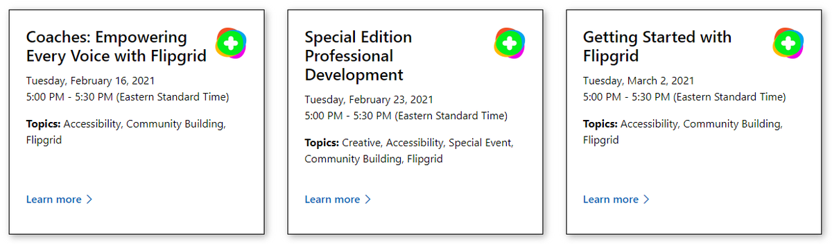 annkozma723's tweet photo. LOOKING FOR UPCOMING @Flipgrid PD?

You're all welcome to join the fun as we share ideas + insights for how you can use #FlipgridForAll 💚💬

📅 Feb 16 PD for Coaches
📅 Feb 23 Special Edition PD
📅 March 2 Getting Started with Flipgrid

Register for FREE https://t.co/qZYzrNkJGa https://t.co/JOlNc9Qqxo
